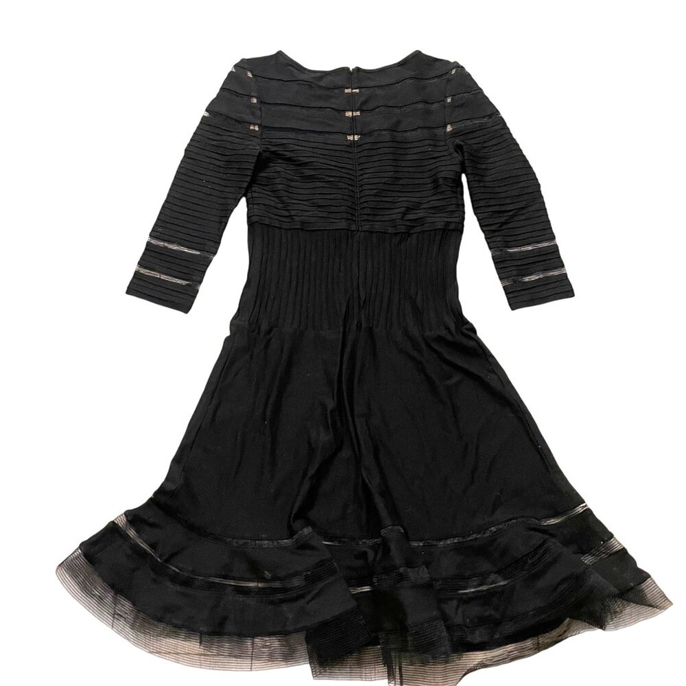 Tadashi Shoji Black Textured Dress Women’s M Sheer Detailing Three-Quarter Sleev